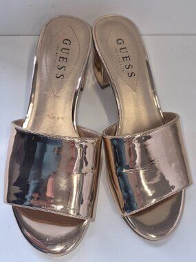 GUESS Rose Gold Metallic Patent Slide Sandals Block Heel Size 5.5